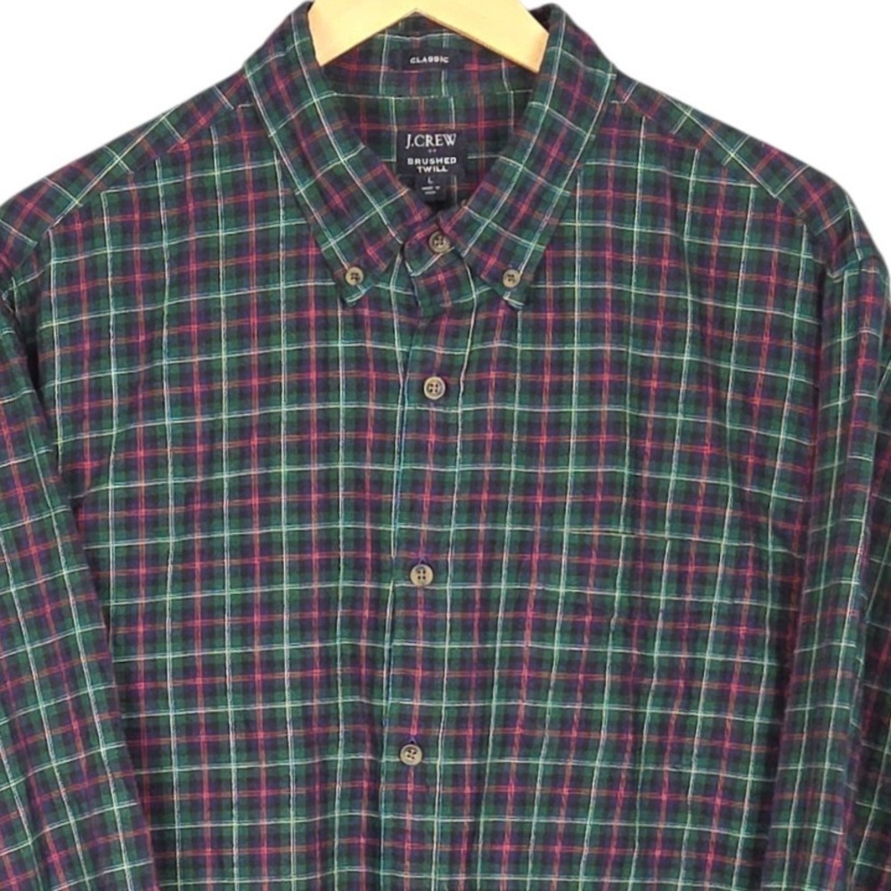 J Crew Button Down Shirt Men Large Green Red Plaid Brushed Twill Classic Holiday